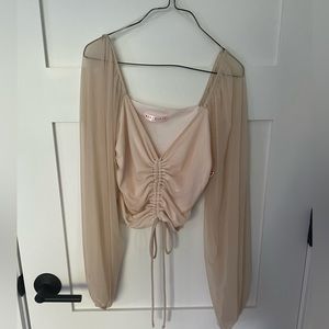 Blue Blush Nude/Baby Pink Long Sleeve Top with Mesh Balloon Sleeves